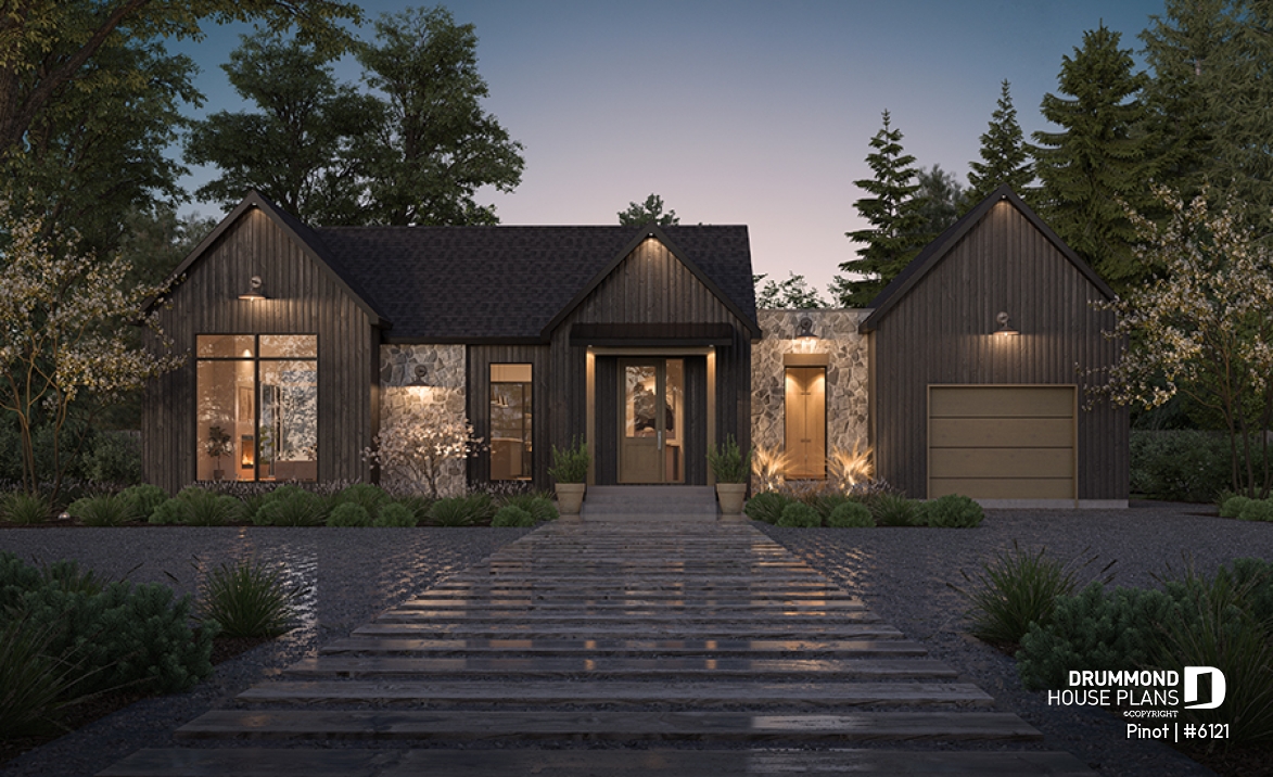 front - BASE MODEL - Scandinavian Style Open-Concept House Plan with Garage, 1 to 4 Bedrooms, and Optional Basement! - Pinot