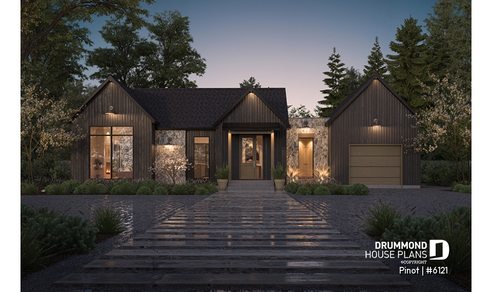 front - BASE MODEL - Scandinavian Style Open-Concept House Plan with Garage, 1 to 4 Bedrooms, and Optional Basement! - Pinot