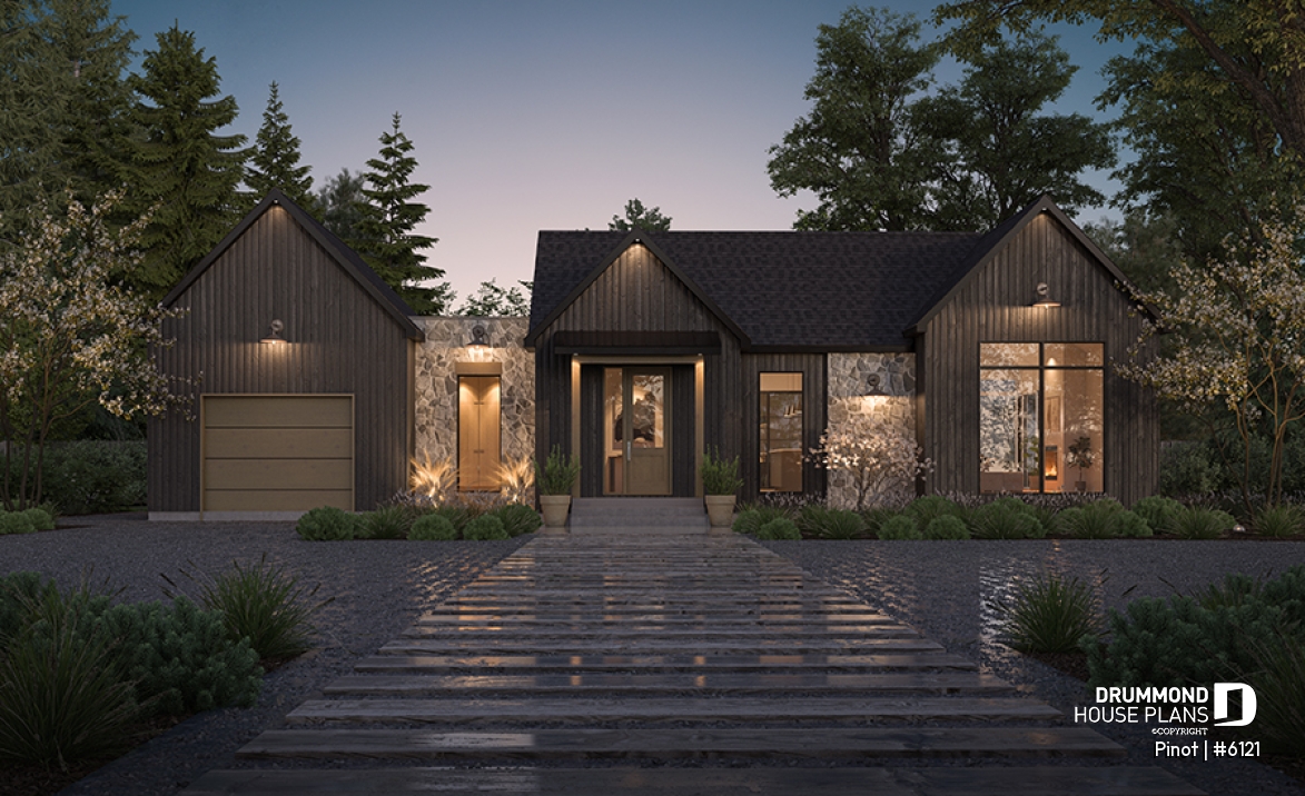 front - BASE MODEL - Scandinavian Style Open-Concept House Plan with Garage, 1 to 4 Bedrooms, and Optional Basement! - Pinot