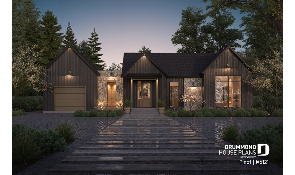 front - BASE MODEL - Scandinavian Style Open-Concept House Plan with Garage, 1 to 4 Bedrooms, and Optional Basement! - Pinot
