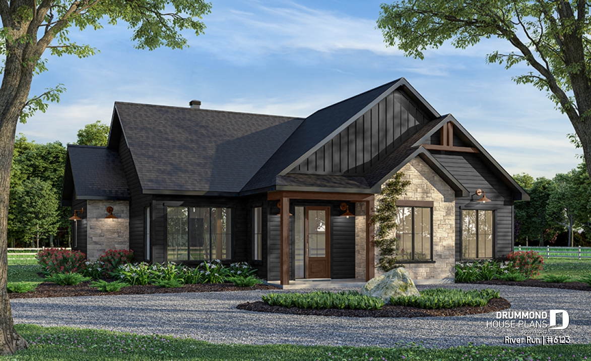 front - BASE MODEL - Single-storey floor plan, 4 bedrooms and 2 baths on main floor, open concept, coffee bar and sheltered terrace - River Run
