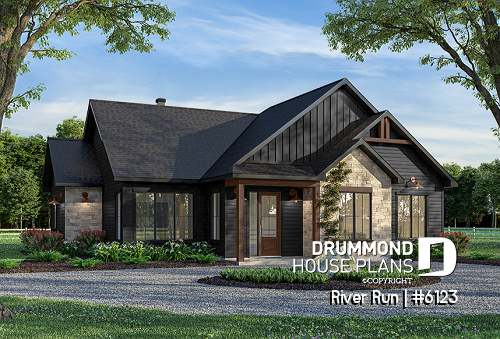 front - BASE MODEL - Single-storey house plan, 4 bedrooms and 2 baths on main floor, open concept, coffee bar and sheltered terrace - River Run