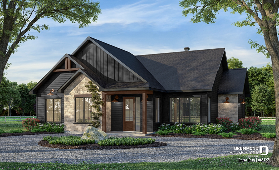 front - BASE MODEL - Single-storey floor plan, 4 bedrooms and 2 baths on main floor, open concept, coffee bar and sheltered terrace - River Run