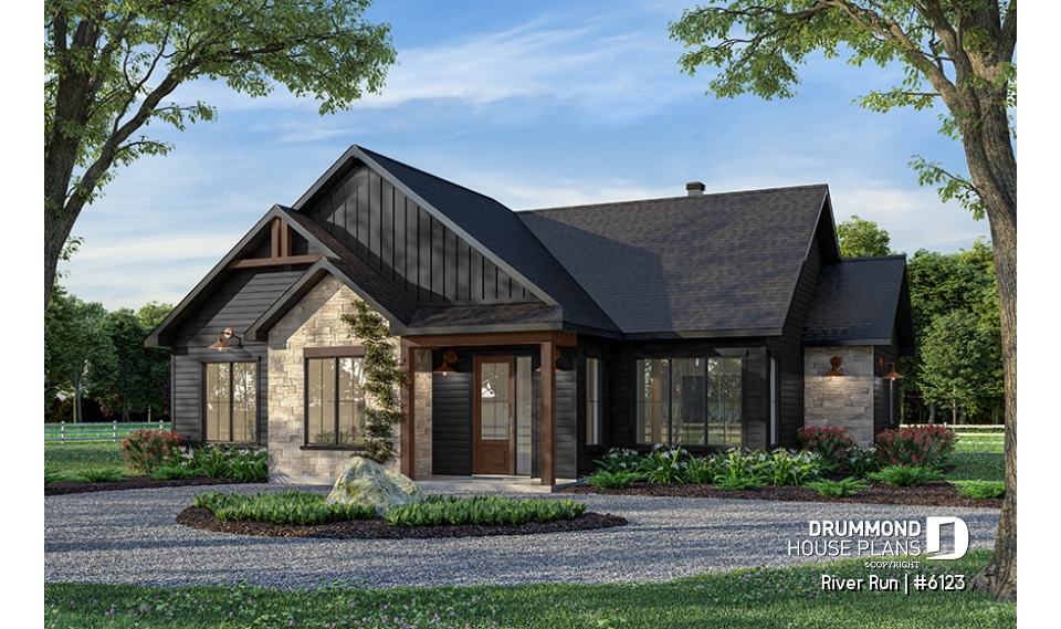 front - BASE MODEL - Single-storey floor plan, 4 bedrooms and 2 baths on main floor, open concept, coffee bar and sheltered terrace - River Run