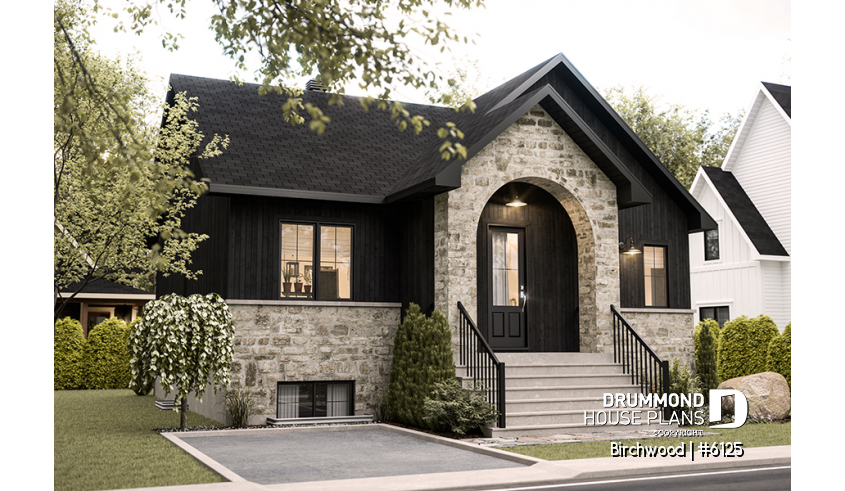 front - BASE MODEL - Small English style bungalow house plan with fully finished basement for a total of 4 bedrooms - Birchwood