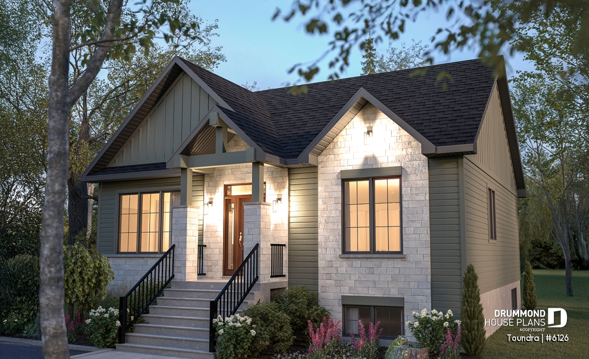 front - BASE MODEL - Country style modest single-story house plan, 2 to 4 bedrooms, open concept and finished basement (optional $) - Toundra