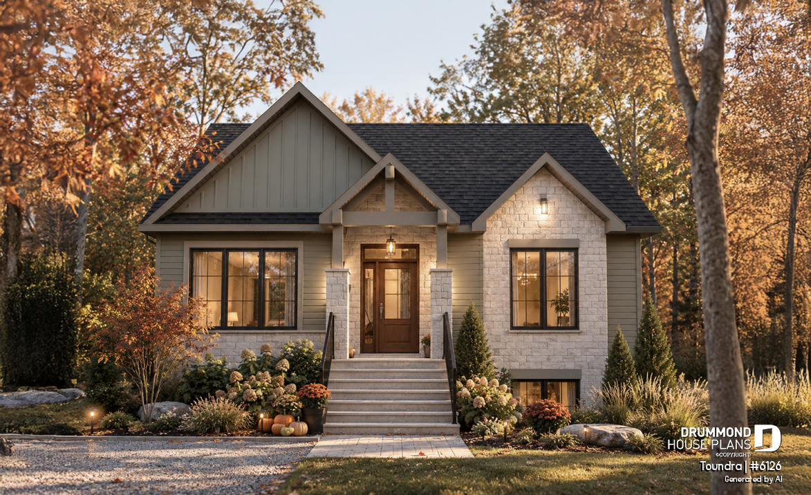 front - BASE MODEL - Country style modest single-story house plan, 2 to 4 bedrooms, open concept and finished basement (optional $) - Toundra