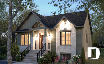 front - BASE MODEL - Country style modest single-story house plan, 2 to 4 bedrooms, open concept and finished basement (optional $) - Toundra