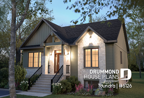 front - BASE MODEL - Country style modest single-story house plan, 2 to 4 bedrooms, open concept and finished basement (optional $) - Toundra