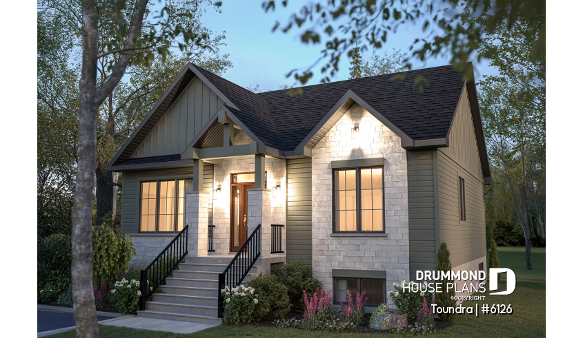 front - BASE MODEL - Country style modest single-story house plan, 2 to 4 bedrooms, open concept and finished basement (optional $) - Toundra
