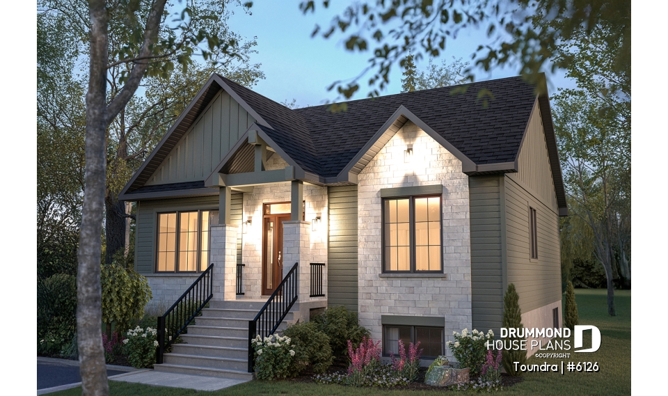 front - BASE MODEL - Country style modest single-story house plan, 2 to 4 bedrooms, open concept and finished basement (optional $) - Toundra