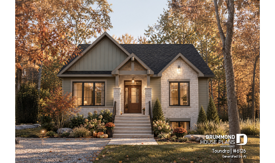 front - BASE MODEL - Country style modest single-story house plan, 2 to 4 bedrooms, open concept and finished basement (optional $) - Toundra
