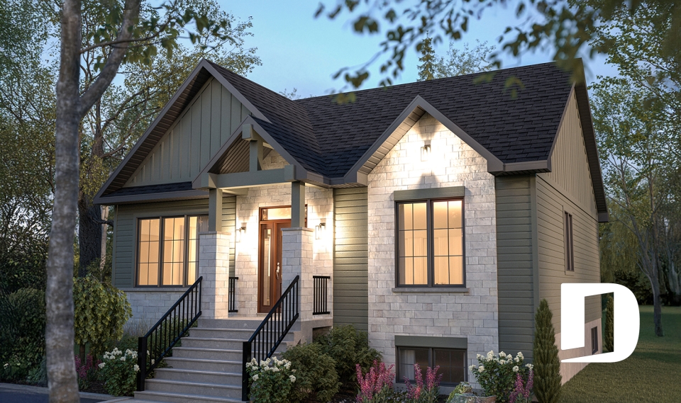 front - BASE MODEL - Country style modest single-story house plan, 2 to 4 bedrooms, open concept and finished basement (optional $) - Toundra