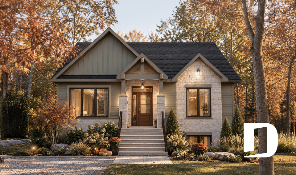 front - BASE MODEL - Country style modest single-story house plan, 2 to 4 bedrooms, open concept and finished basement (optional $) - Toundra