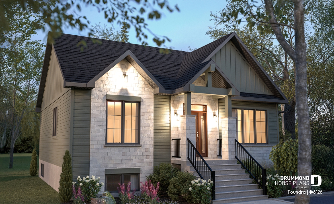 front - BASE MODEL - Country style modest single-story house plan, 2 to 4 bedrooms, open concept and finished basement (optional $) - Toundra