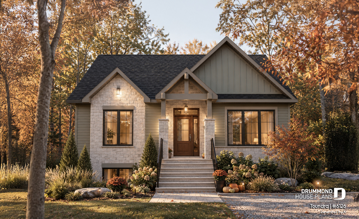 front - BASE MODEL - Country style modest single-story house plan, 2 to 4 bedrooms, open concept and finished basement (optional $) - Toundra