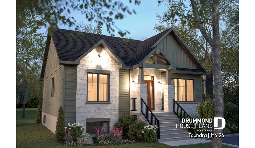 front - BASE MODEL - Country style modest single-story house plan, 2 to 4 bedrooms, open concept and finished basement (optional $) - Toundra