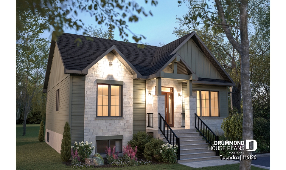 front - BASE MODEL - Country style modest single-story house plan, 2 to 4 bedrooms, open concept and finished basement (optional $) - Toundra