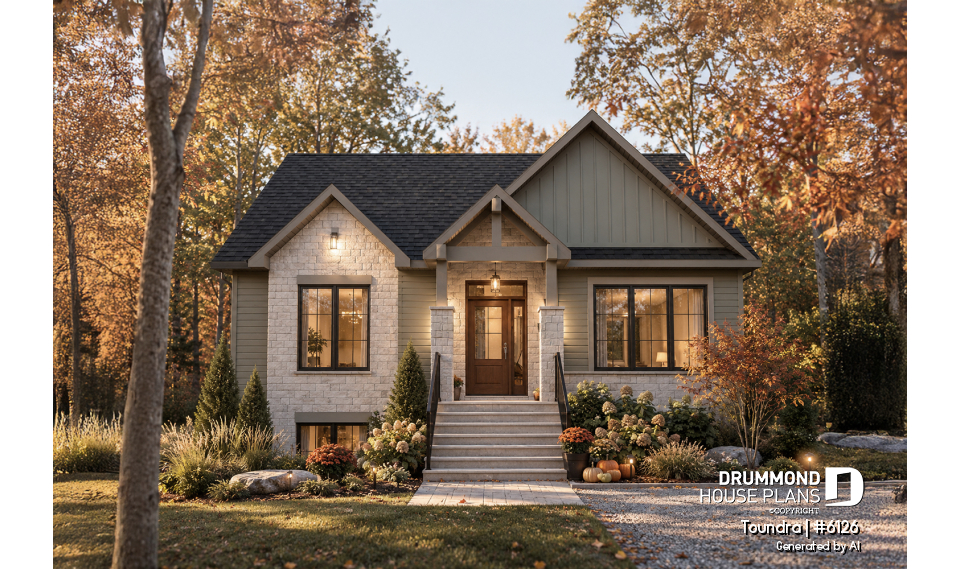 front - BASE MODEL - Country style modest single-story house plan, 2 to 4 bedrooms, open concept and finished basement (optional $) - Toundra