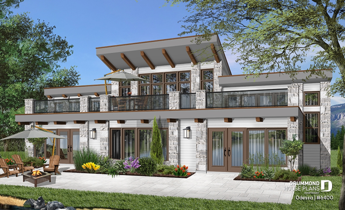 Color version 4 - Rear - Large 3 bedroom beachfront or lakefront modern house plan, Xlarge second floor deck, 2 family rooms, fireplace - Odessa