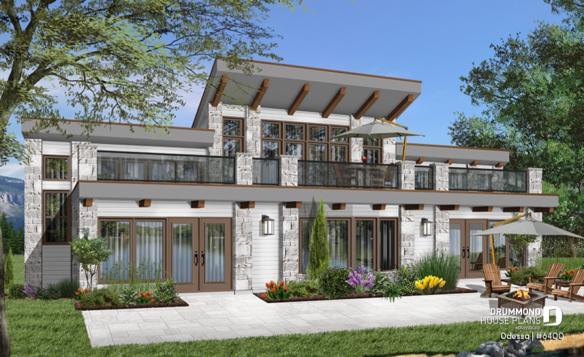 Color version 4 - Rear - Large 3 bedroom beachfront or lakefront modern house plan, Xlarge second floor deck, 2 family rooms, fireplace - Odessa