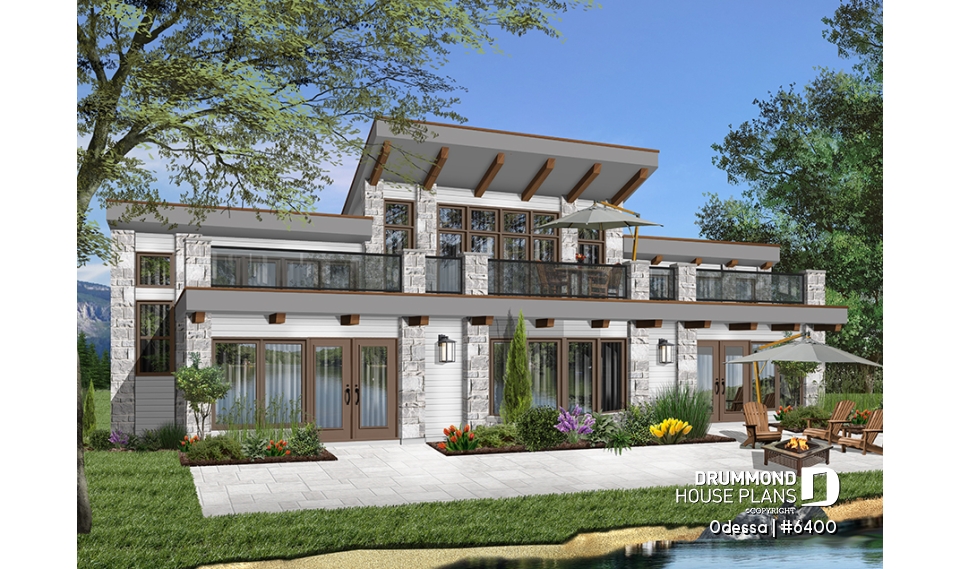 Color version 4 - Rear - Large 3 bedroom beachfront or lakefront modern house plan, Xlarge second floor deck, 2 family rooms, fireplace - Odessa