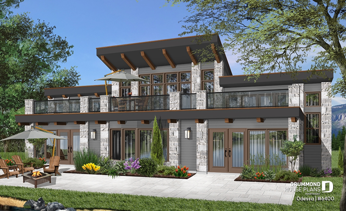 Rear view - BASE MODEL - Large 3 bedroom beachfront or lakefront modern house plan, Xlarge second floor deck, 2 family rooms, fireplace - Odessa