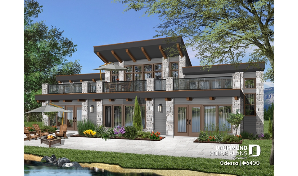 Rear view - BASE MODEL - Large 3 bedroom beachfront or lakefront modern house plan, Xlarge second floor deck, 2 family rooms, fireplace - Odessa