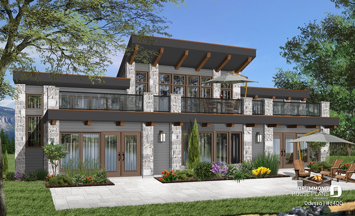 Rear view - BASE MODEL - Large 3 bedroom beachfront or lakefront modern house plan, Xlarge second floor deck, 2 family rooms, fireplace - Odessa