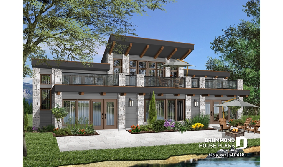 Rear view - BASE MODEL - Large 3 bedroom beachfront or lakefront modern house plan, Xlarge second floor deck, 2 family rooms, fireplace - Odessa