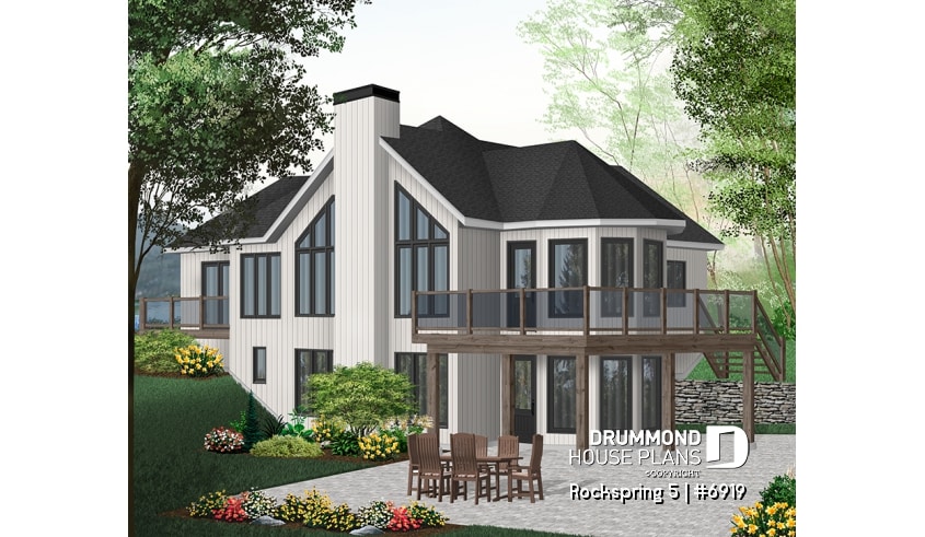 Color version 1 - Rear - Large 2 to 4 cottage with 2 family rooms and open floor plan layout, fireplace and cathedral ceiling - Rockspring 5