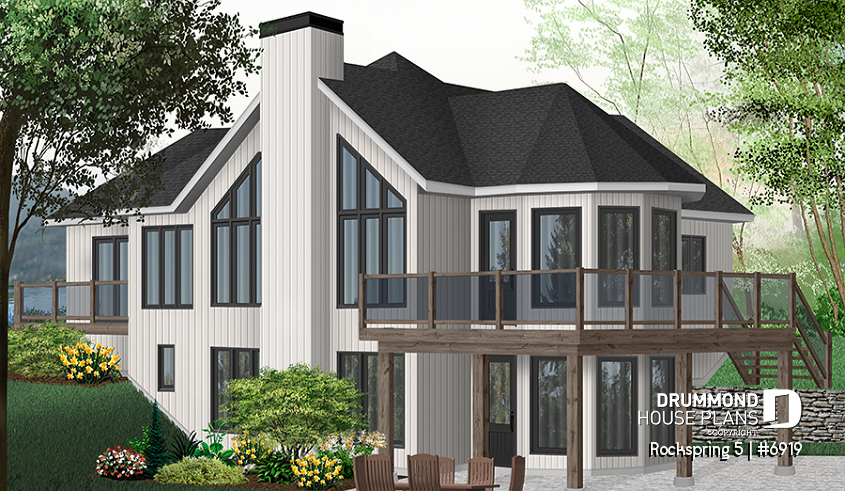 Rear view - BASE MODEL - Large 2 to 4 cottage with 2 family rooms and open floor plan layout, fireplace and cathedral ceiling - Rockspring 5