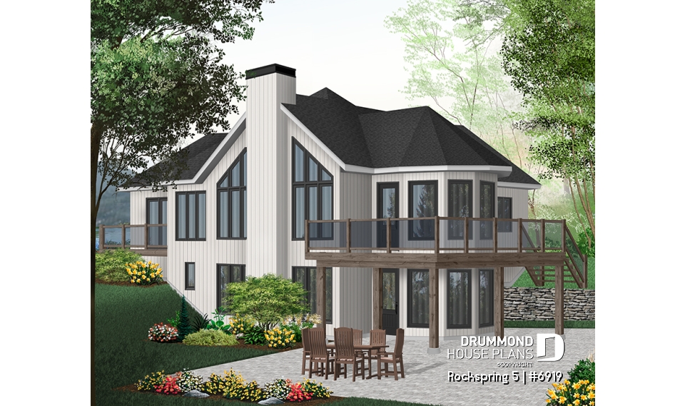 Rear view - BASE MODEL - Large 2 to 4 cottage with 2 family rooms and open floor plan layout, fireplace and cathedral ceiling - Rockspring 5