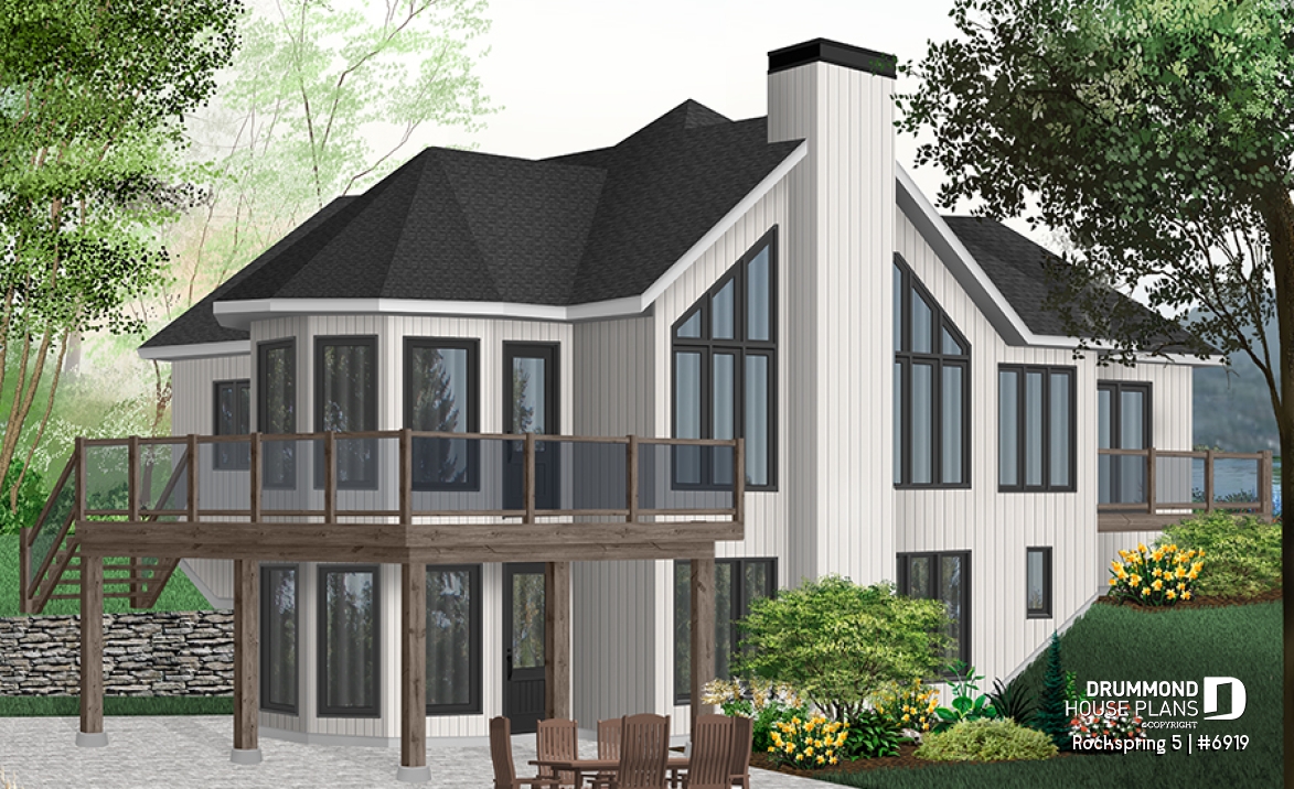 Rear view - BASE MODEL - Large 2 to 4 cottage with 2 family rooms and open floor plan layout, fireplace and cathedral ceiling - Rockspring 5