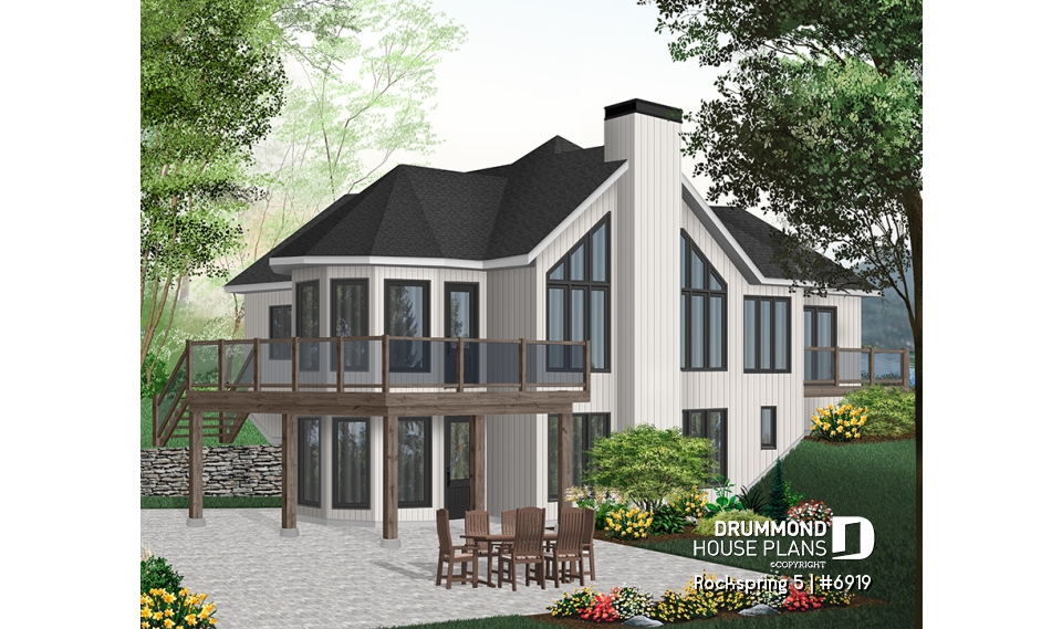 Rear view - BASE MODEL - Large 2 to 4 cottage with 2 family rooms and open floor plan layout, fireplace and cathedral ceiling - Rockspring 5