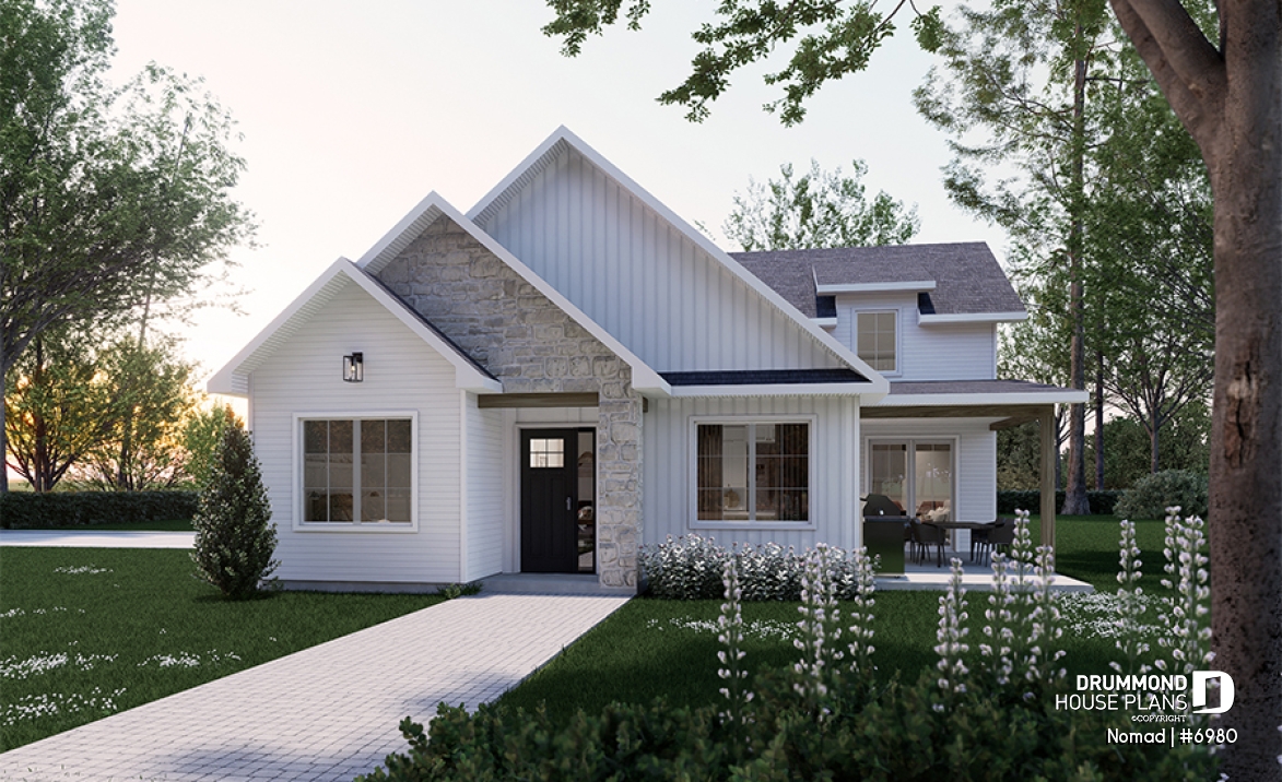 front - BASE MODEL - Small one bedroom house with attached RV garage, with option to convert RV garage into extra beds/baths - Nomad