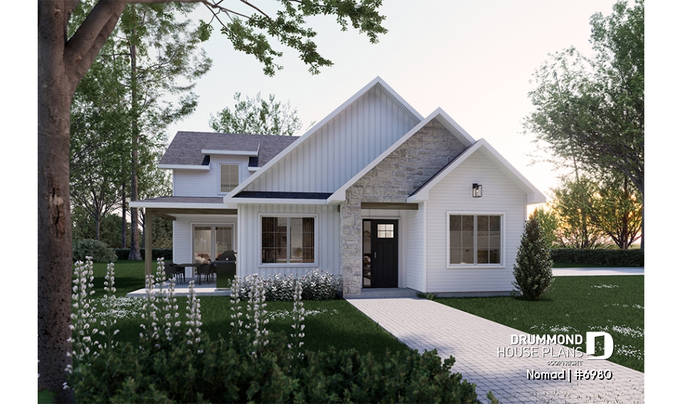 front - BASE MODEL - Small one bedroom house with attached RV garage, with option to convert RV garage into extra beds/baths - Nomad