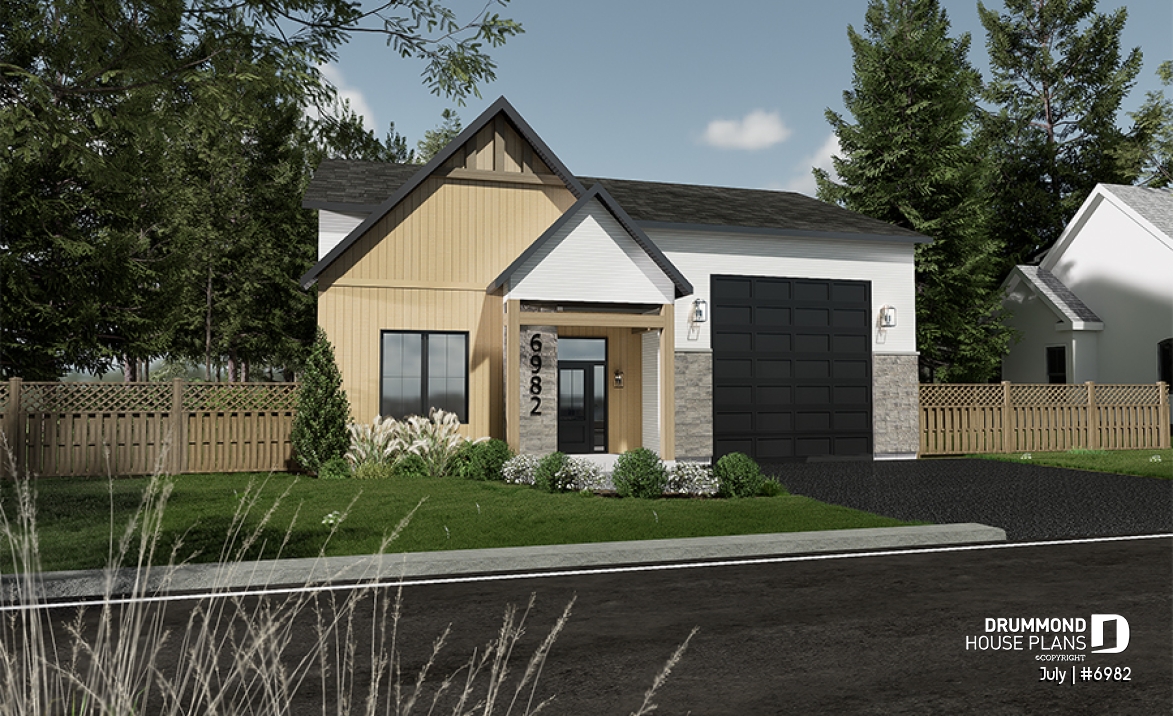 front - BASE MODEL - Small contemporary house w/ attached garage for RV, and one bedroom OR option without garage, with 3 bedrooms - July