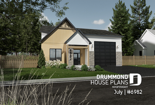 front - BASE MODEL - Small contemporary house w/ attached garage for RV, and one bedroom OR option without garage, with 3 bedrooms - July