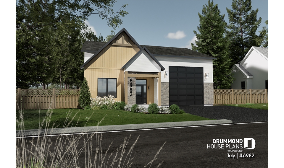 front - BASE MODEL - Small contemporary house w/ attached garage for RV, and one bedroom OR option without garage, with 3 bedrooms - July