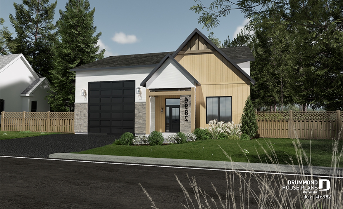 front - BASE MODEL - Small contemporary house w/ attached garage for RV, and one bedroom OR option without garage, with 3 bedrooms - July