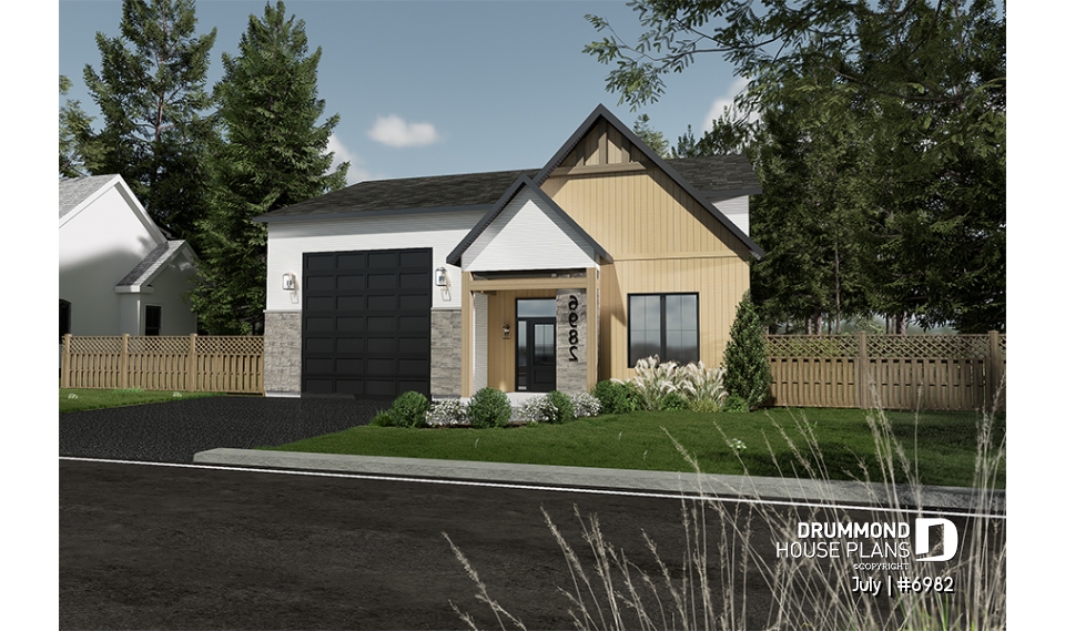 front - BASE MODEL - Small contemporary house w/ attached garage for RV, and one bedroom OR option without garage, with 3 bedrooms - July
