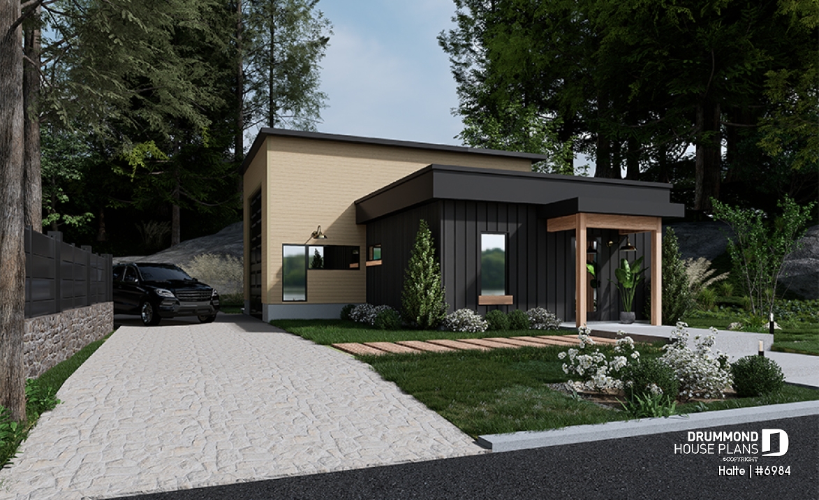 Color version 1 - Front - Small Modern house with 28'8'' x 18'8'' size VR garage and several floor layout options - Halte