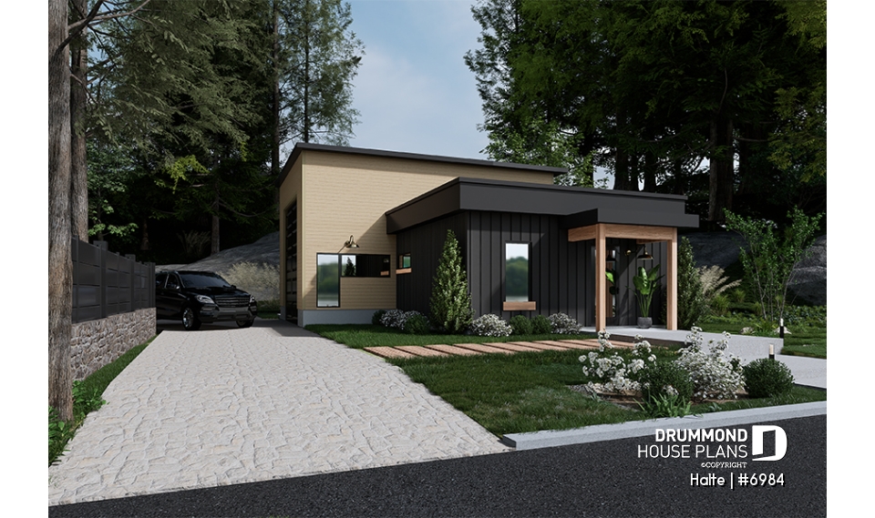 Color version 1 - Front - Small Modern house with 28'8'' x 18'8'' size VR garage and several floor layout options - Halte