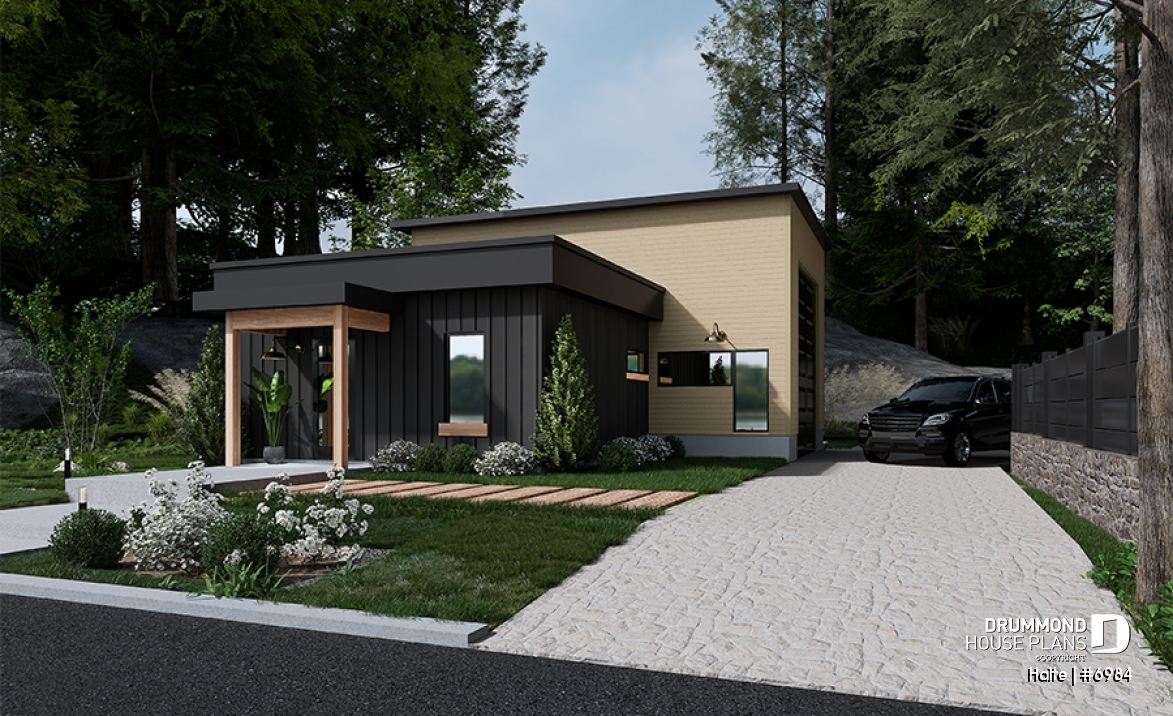 Color version 1 - Front - Small Modern house with 28'8'' x 18'8'' size VR garage and several floor layout options - Halte