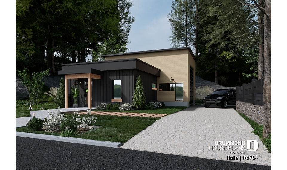 Color version 1 - Front - Small Modern house with 28'8'' x 18'8'' size VR garage and several floor layout options - Halte