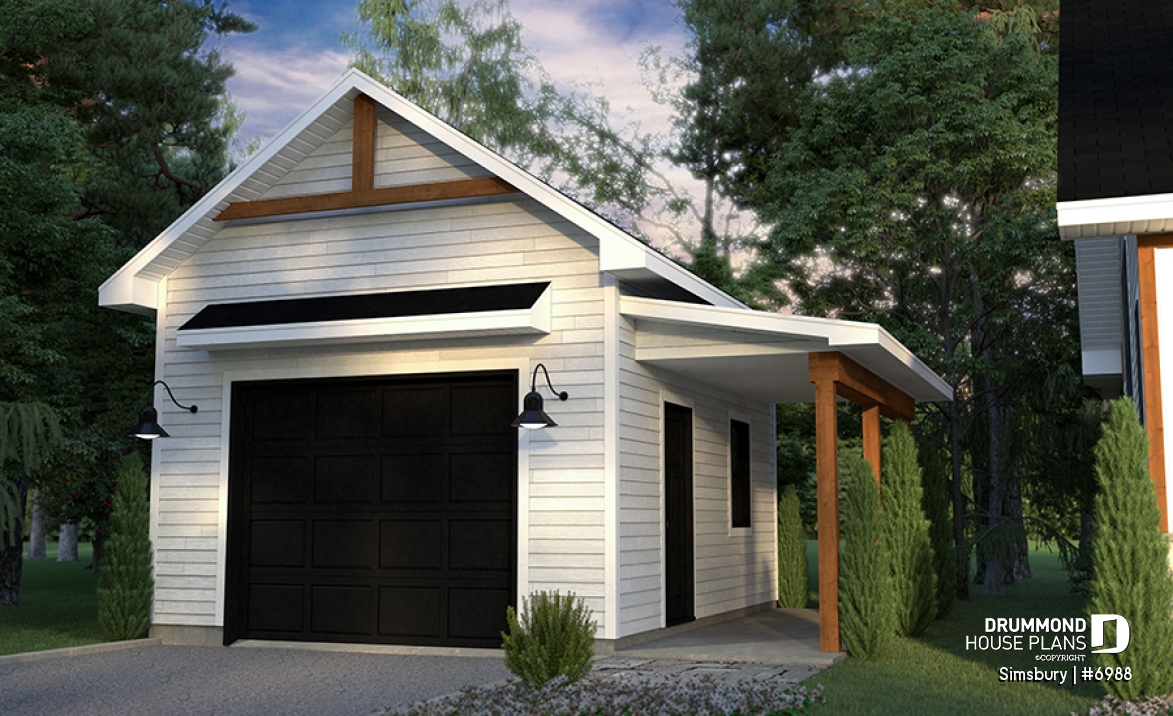 front - BASE MODEL - Modern farmhouse 320 sq.ft. garage plan with lean-to storage and floating slab, functional and versatile - Simsbury