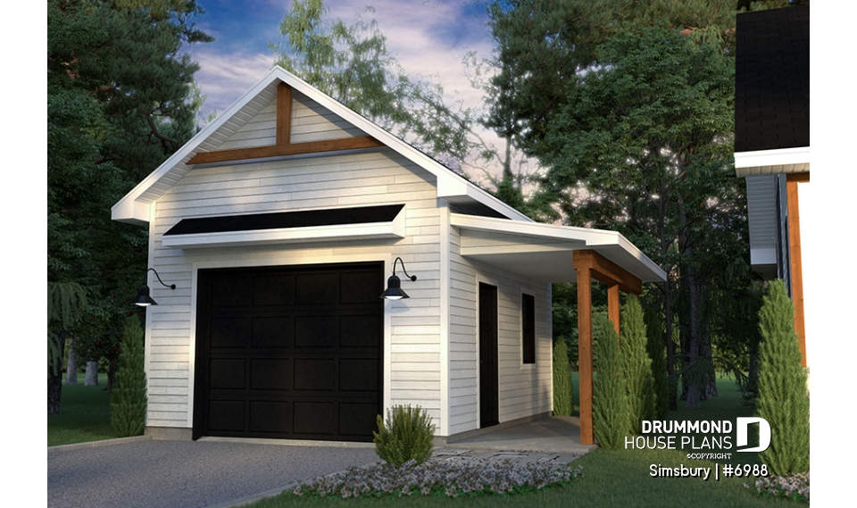 front - BASE MODEL - Modern farmhouse 320 sq.ft. garage plan with lean-to storage and floating slab, functional and versatile - Simsbury