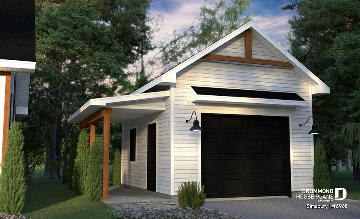 front - BASE MODEL - Modern farmhouse 320 sq.ft. garage plan with lean-to storage and floating slab, functional and versatile - Simsbury