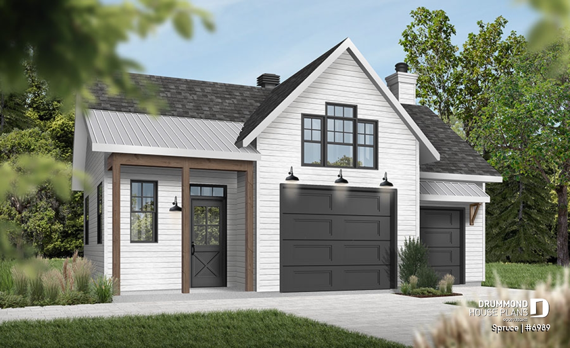 front - BASE MODEL - Beautiful garage plan with workshop and wood stove. Storage area on second floor. - Spruce